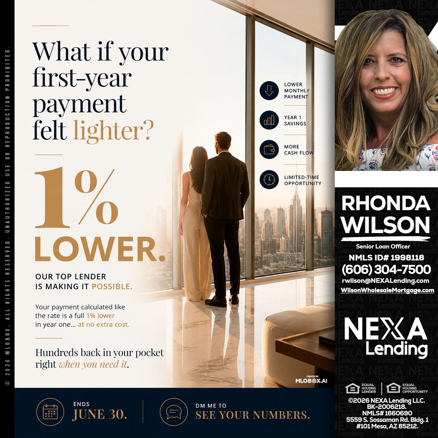 1% lower - Rhonda Wilson -Senior Loan Officer